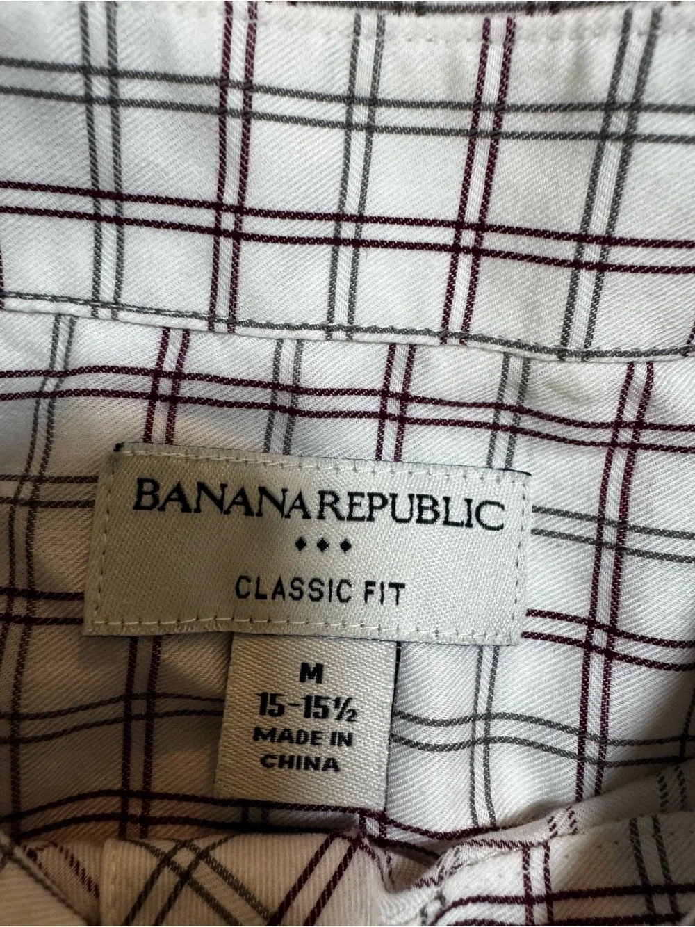 Banana Republic Cotton White Shirt with Black, burgundy Grid Plaid, M